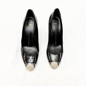 Giuseppe Zanotti Black Patent Leather Heels Snakeskin Round Cap Toe Size 40